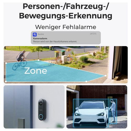'Personen-/Fahrzeug-/Bewegungs-Erkennung' Überschrift mit Bildern. Oben: Person mit Fahrrad, markierte Zone. Unten: Türklingel, Auto in Zone.